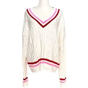 Chic V-Neck Cable Knit Sweater - White with Red and Pink Accents